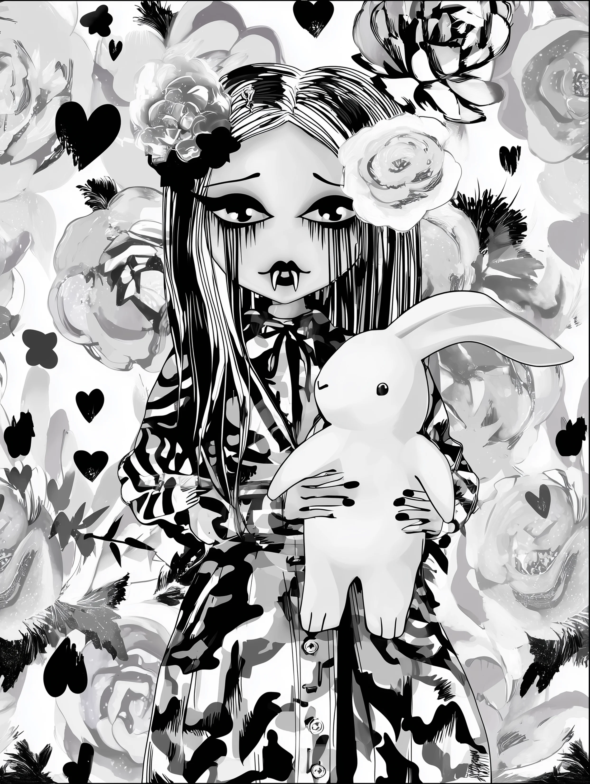 Free printable vampire coloring page for adults featuring a vampire lady holding a bunny